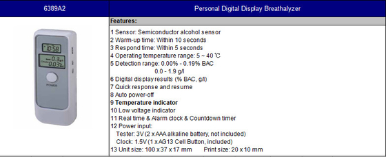 Sensor Bac Tester personal 6389a2 del alcohol del semiconductor con la pila alcalina AAA de 2 X